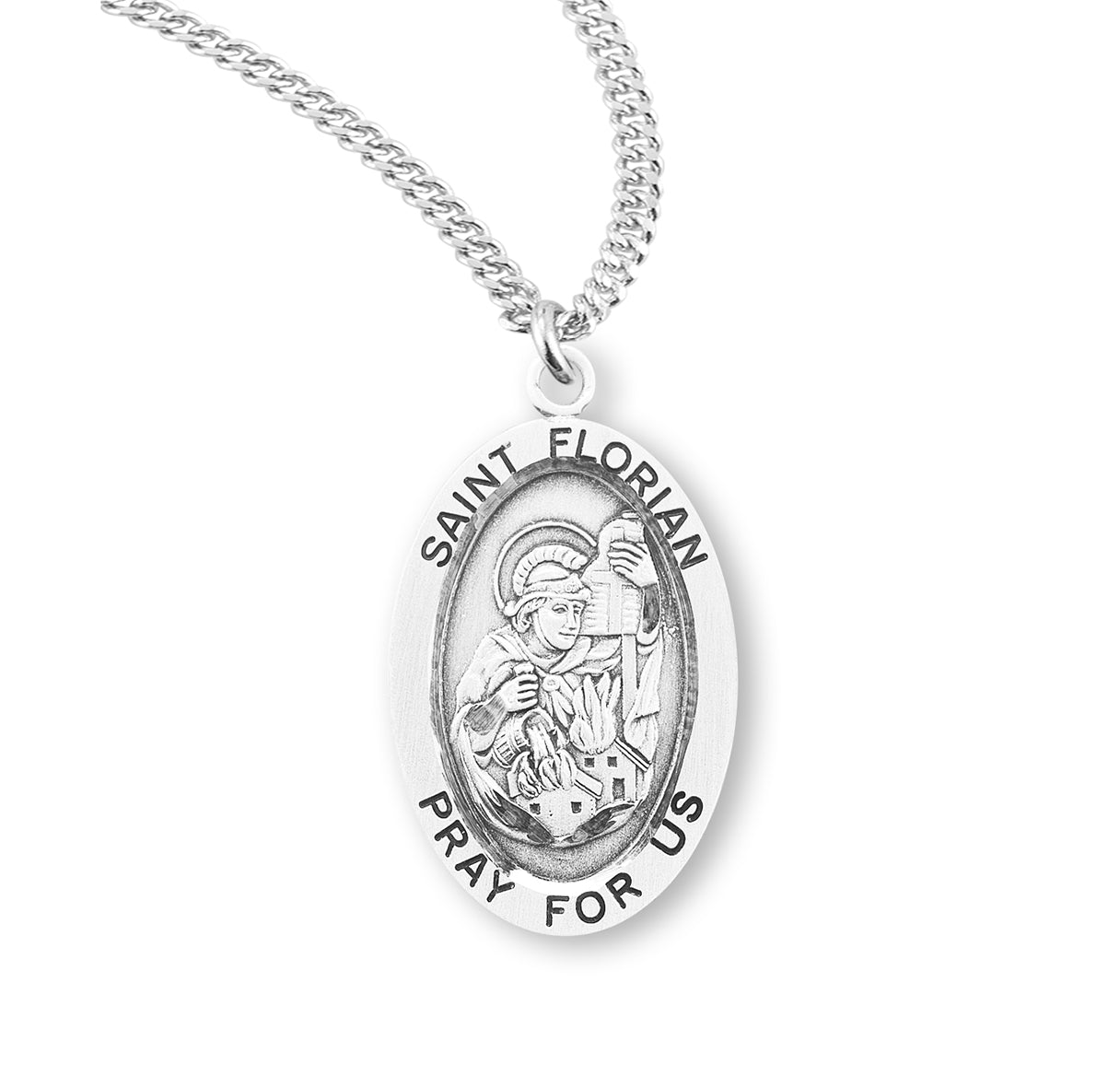 Patron Saint Florian Oval Sterling Silver Medal Pendant with Chain