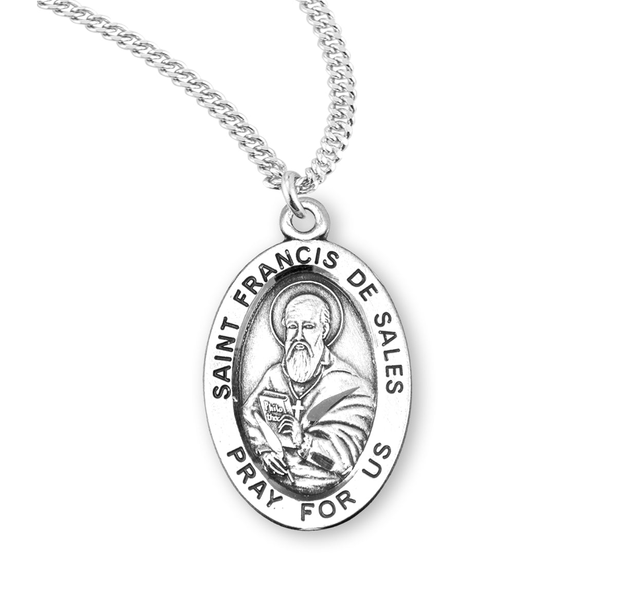 Patron Saint Francis De Sales Oval Sterling Silver Medal Pendant with Chain