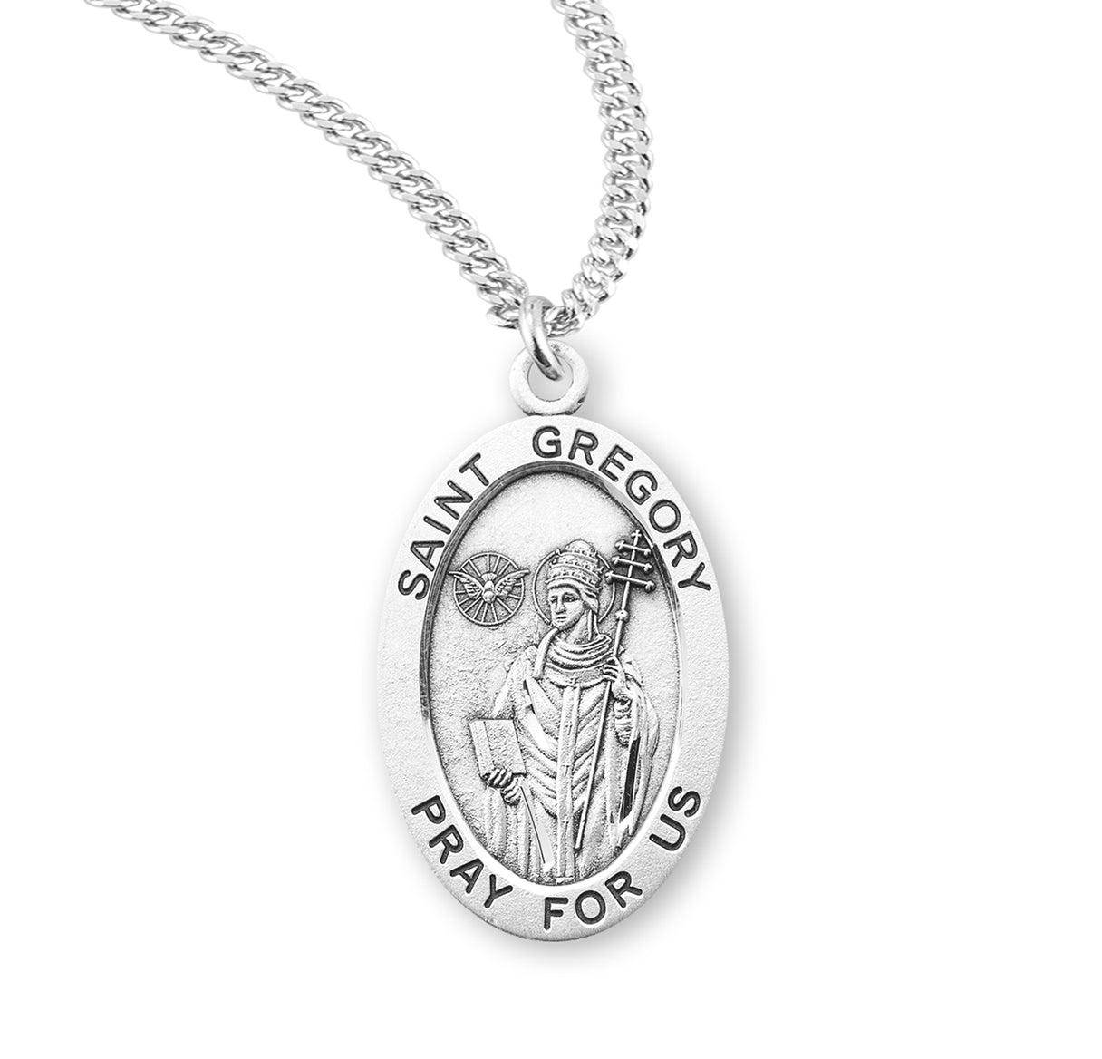 Patron Saint Gregory Oval Sterling Silver Medal Pendant with Chain