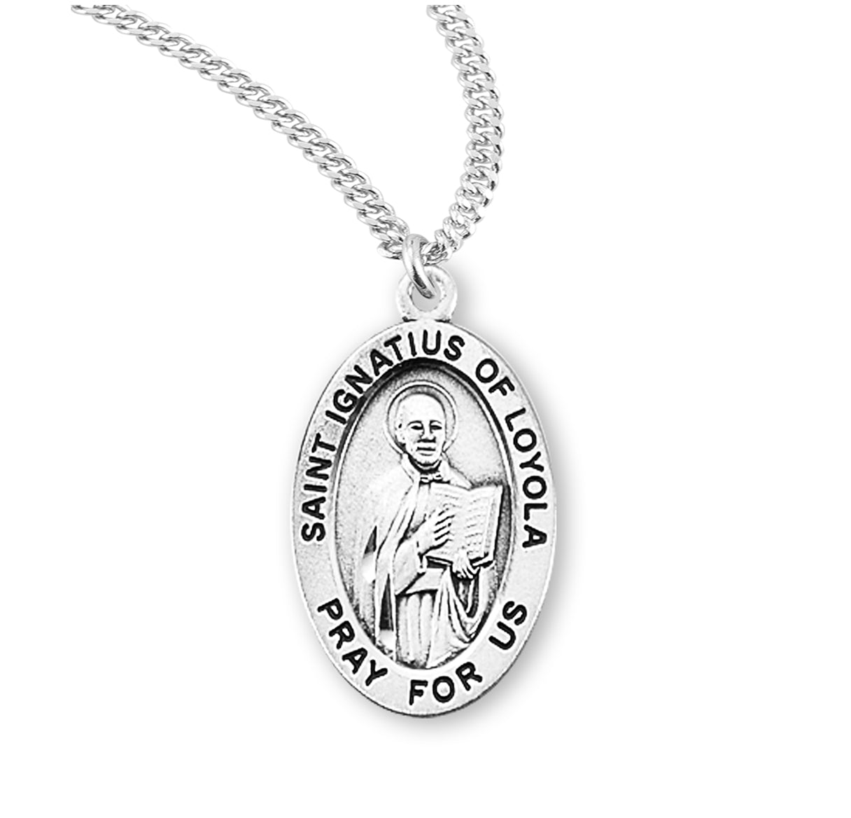 Patron Saint Ignatius of Loyola Oval Sterling Silver Medal Pendant with Chain