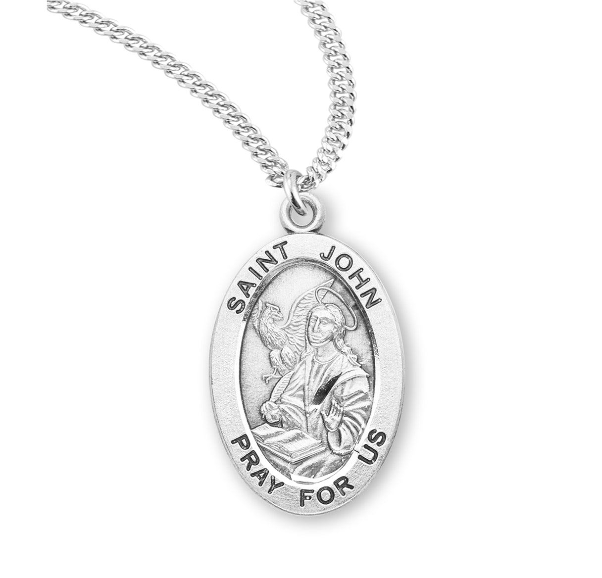 Patron Saint John the Evangelist Oval Sterling Silver Medal Pendant with Chain