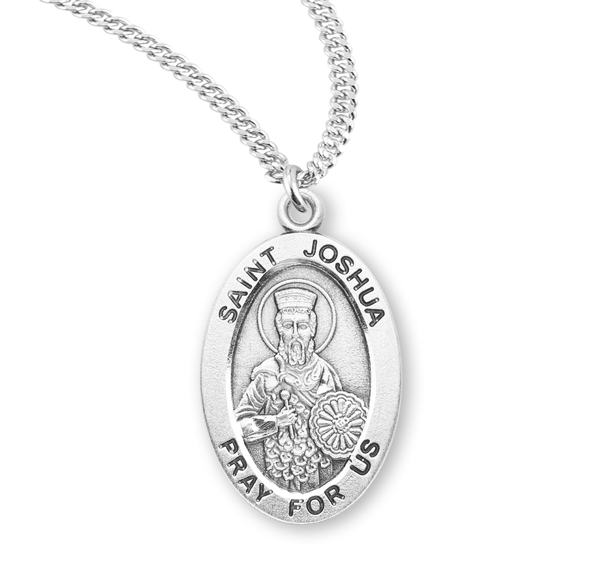 Patron Saint Joshua Oval Sterling Silver Medal Pendant with Chain