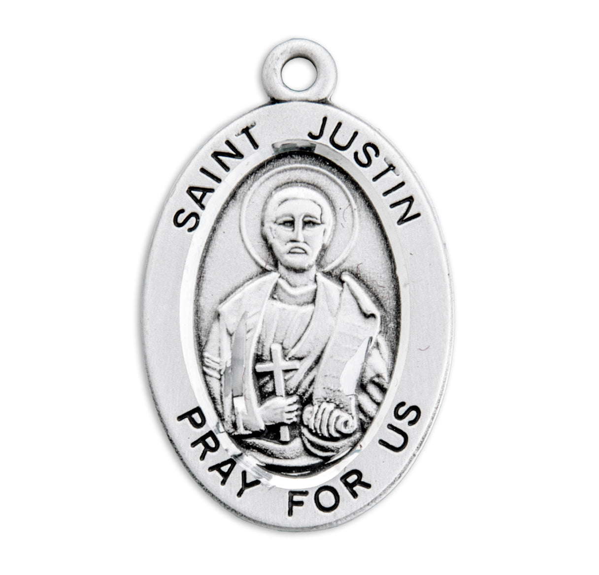 Patron Saint Justin Oval Sterling Silver Medal Pendant with Chain