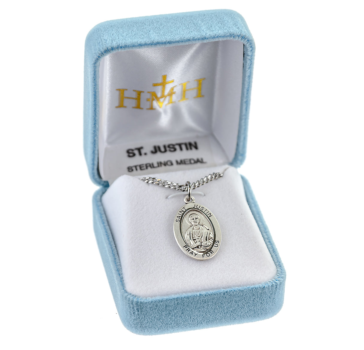 Patron Saint Justin Oval Sterling Silver Medal Pendant with Chain