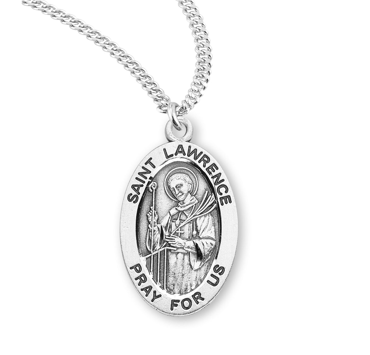 Patron Saint Lawrence Oval Sterling Silver Medal Pendant with Chain