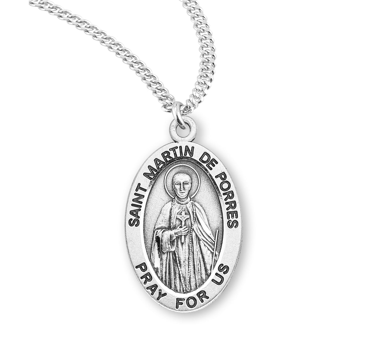 Patron Saint Martin De Porres Oval Sterling Silver Medal Pendant with Chain