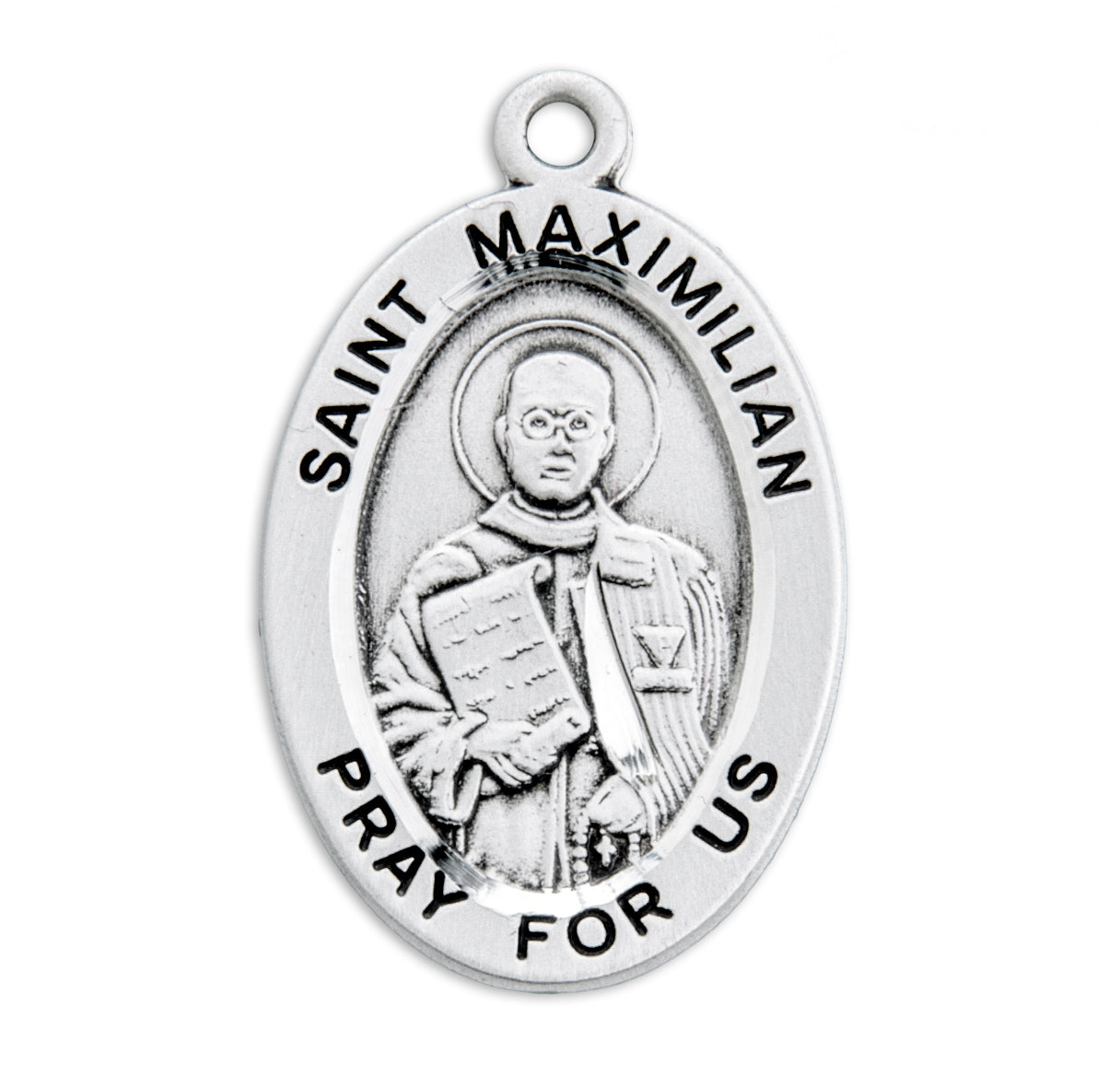 Patron Saint Maximilian Kolbe Oval Sterling Silver Medal Pendant with Chain