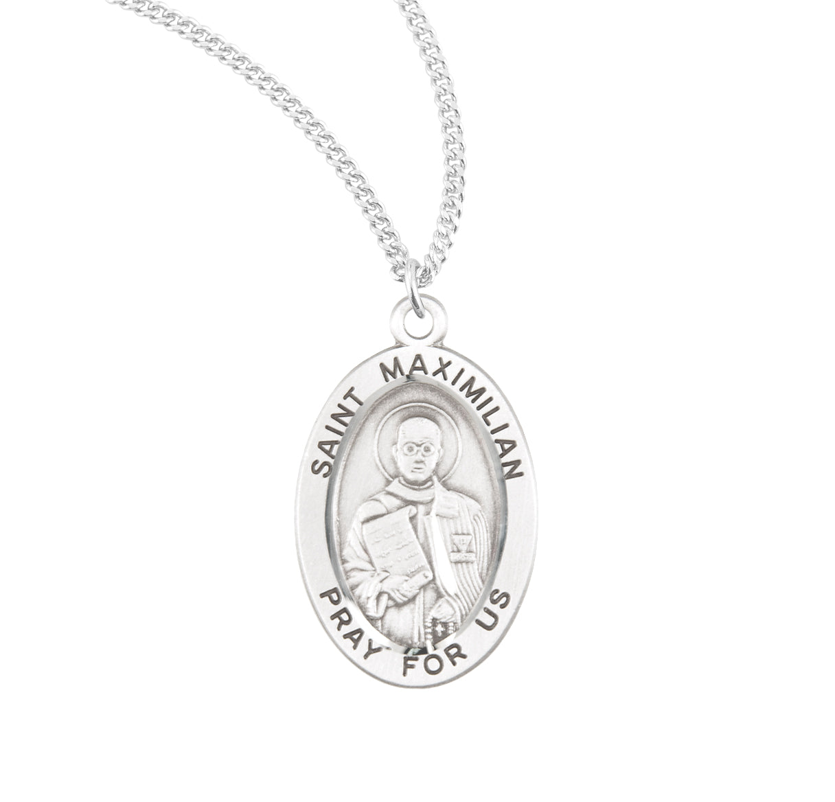 Patron Saint Maximilian Kolbe Oval Sterling Silver Medal Pendant with Chain