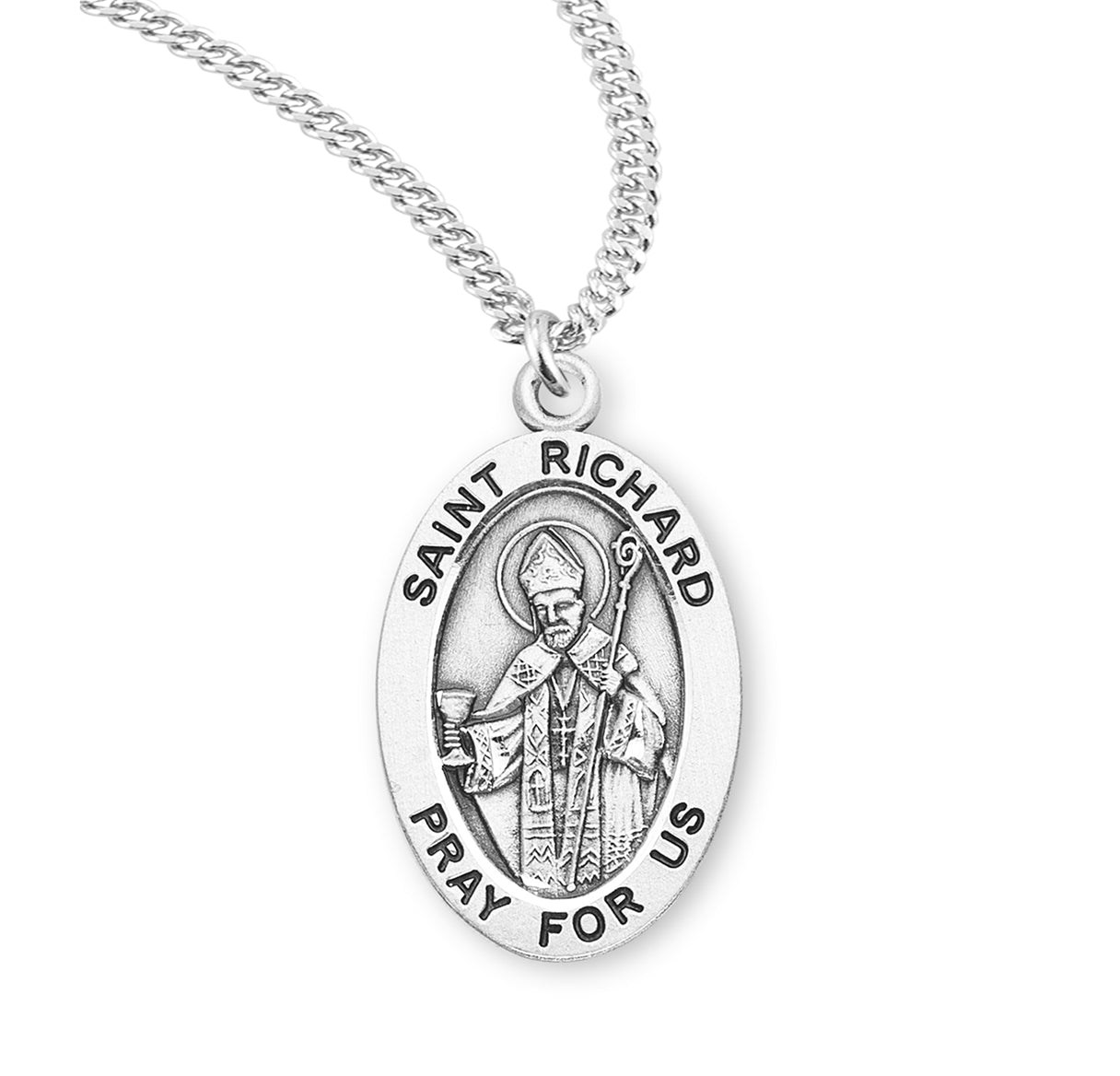 Patron Saint Richard Oval Sterling Silver Medal Pendant with Chain