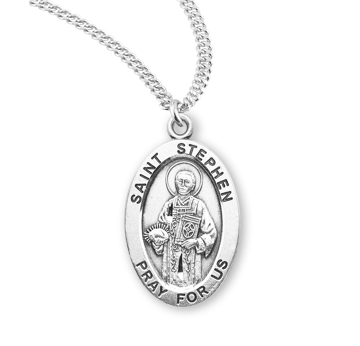 Saint Stephen Oval Sterling Silver Medal Pendant with Chain