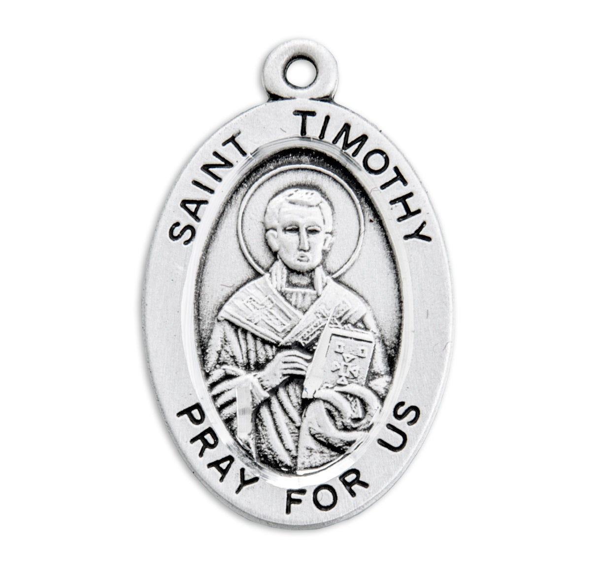 Patron Saint Timothy Oval Sterling Silver Medal Pendant with Chain