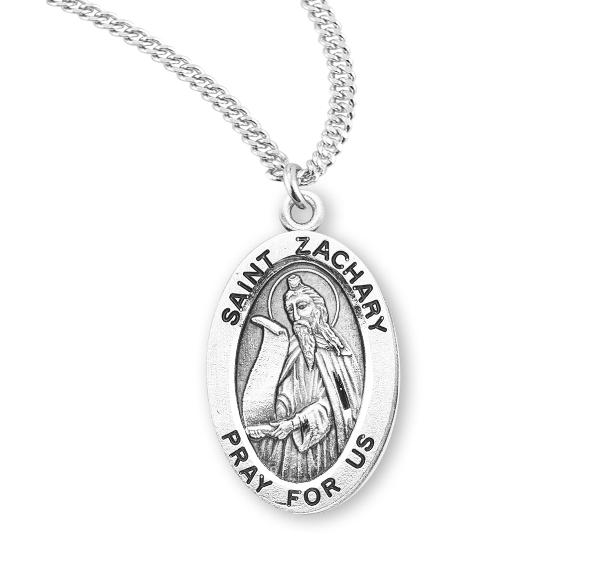 Patron Saint Zachary Oval Sterling Silver Medal Pendant with Chain