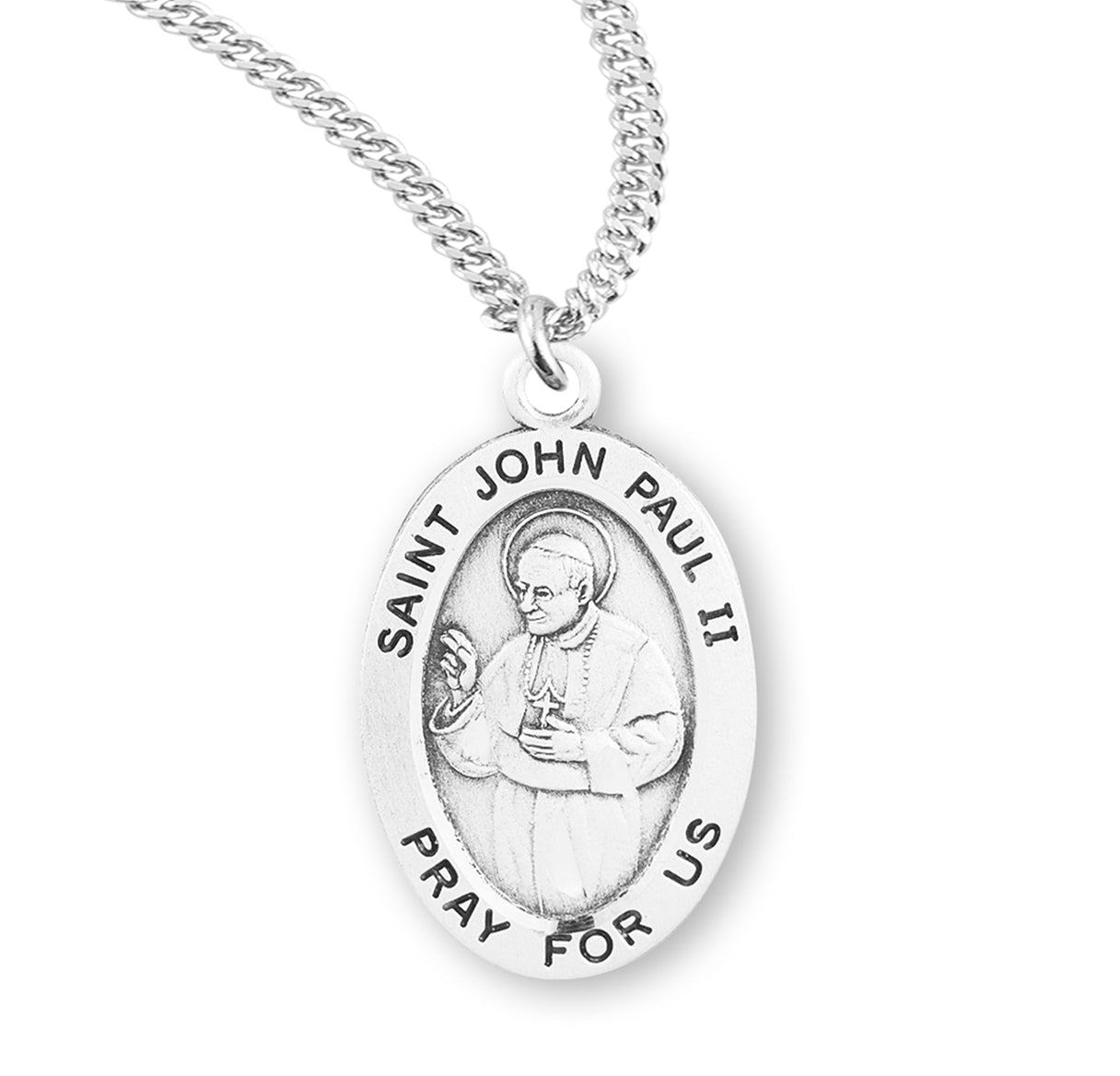 Saint John Paul II Oval Sterling Silver Medal Pendant with Chain