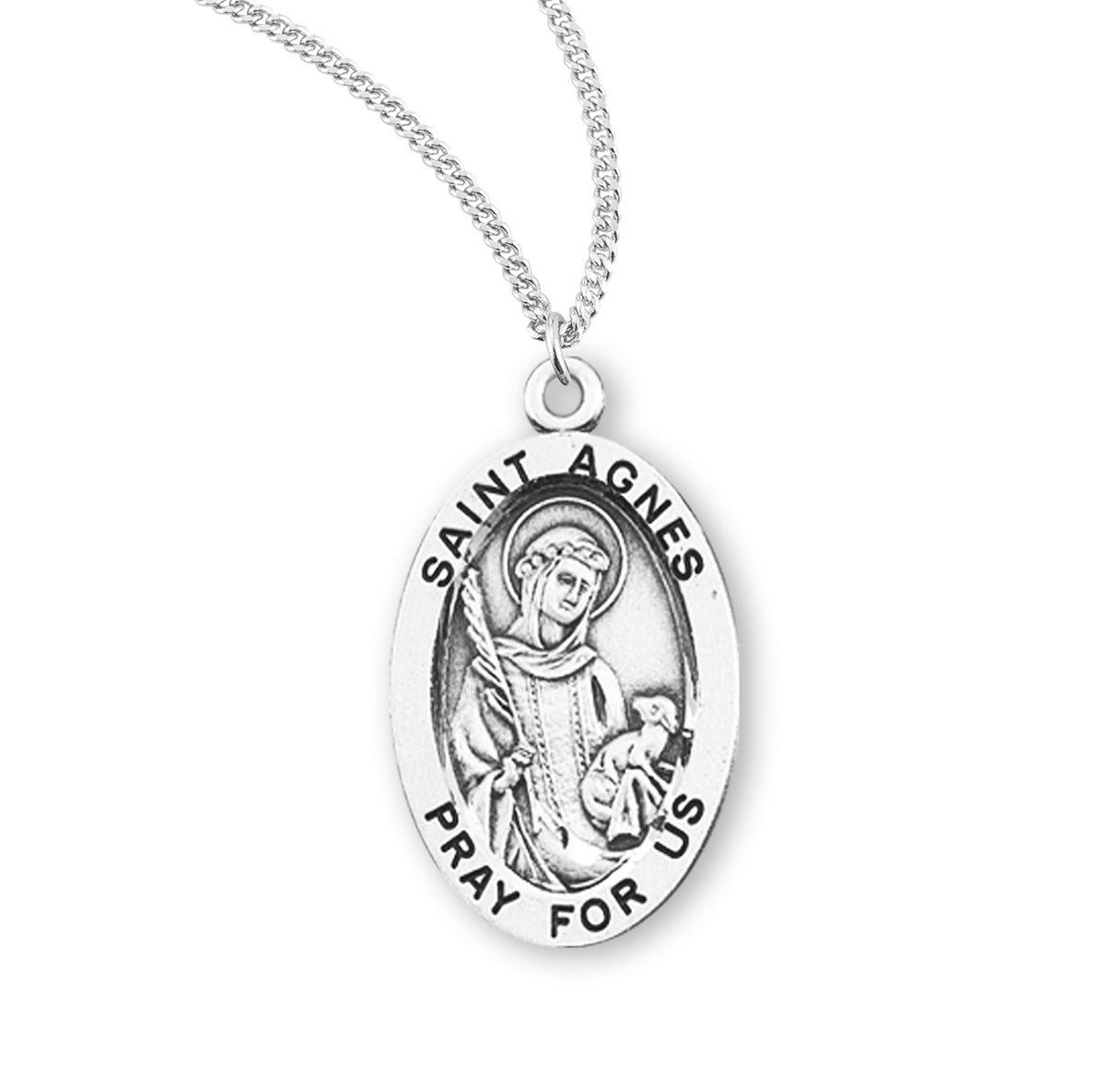 Patron Saint Agnes Oval Sterling Silver Medal Pendant with Chain