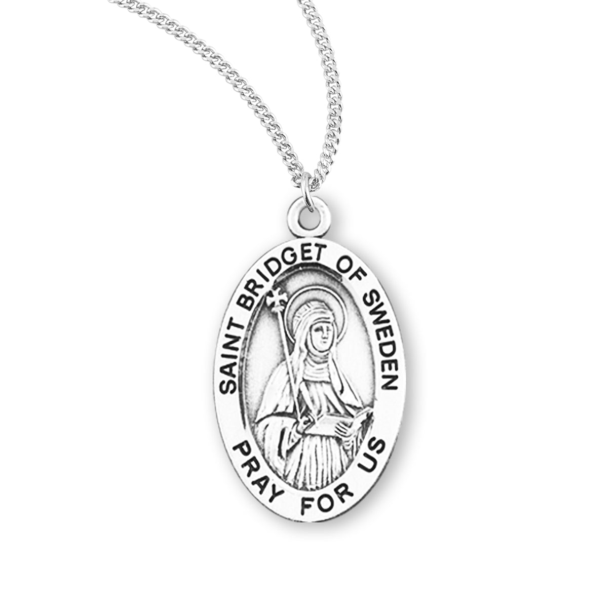 Patron Saint Bridget of Sweden Oval Sterling Silver Medal Pendant with Chain
