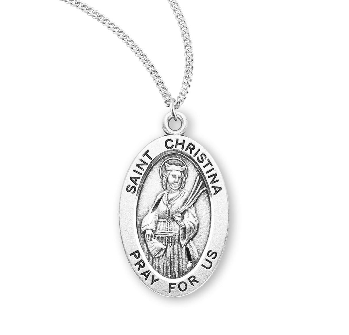 Patron Saint Christina Oval Sterling Silver Medal Pendant with Chain