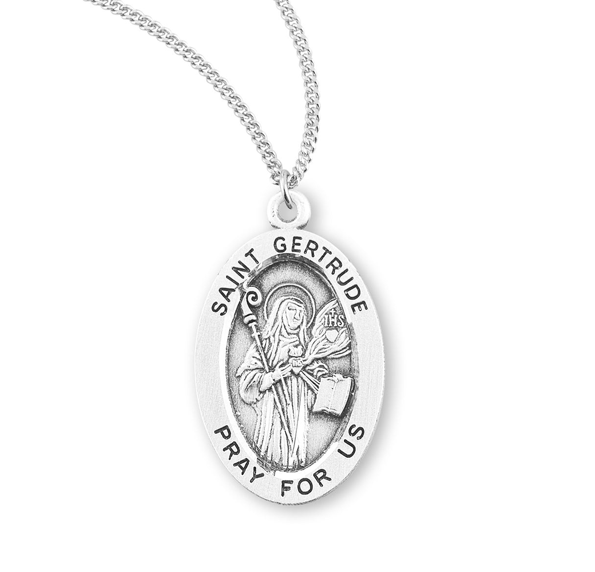 Patron Saint Gertrude Oval Sterling Silver Medal Pendant with Chain