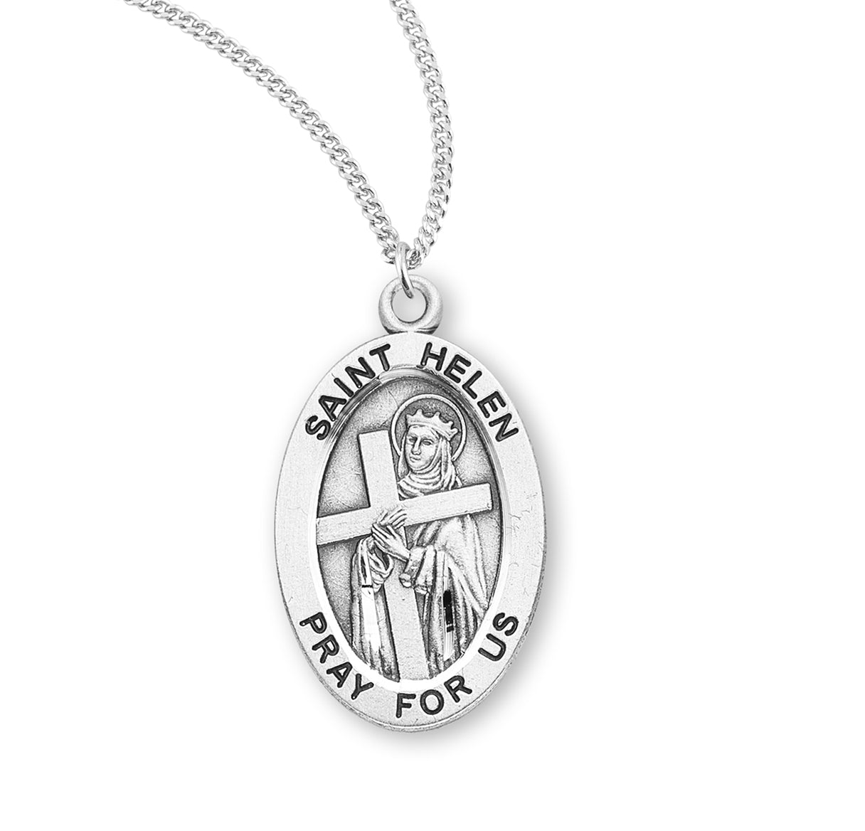 Patron Saint Helen Oval Sterling Silver Medal Pendant with Chain