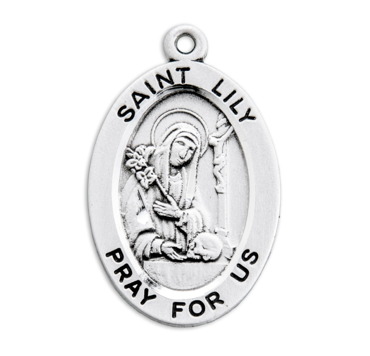 Patron Saint Lily Oval Sterling Silver Medal Pendant with Chain