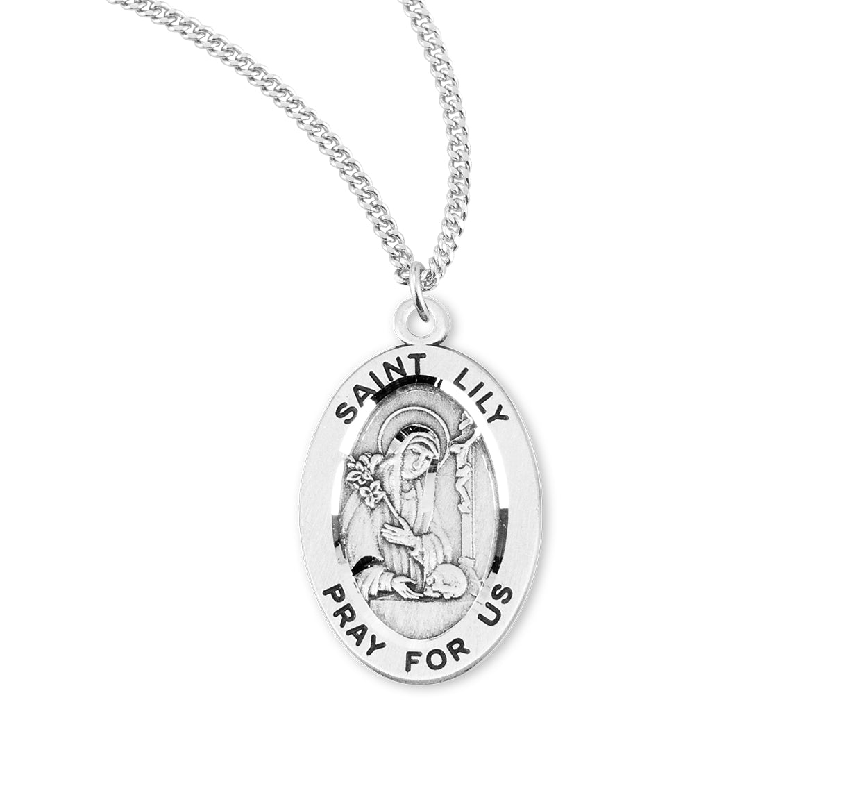 Patron Saint Lily Oval Sterling Silver Medal Pendant with Chain