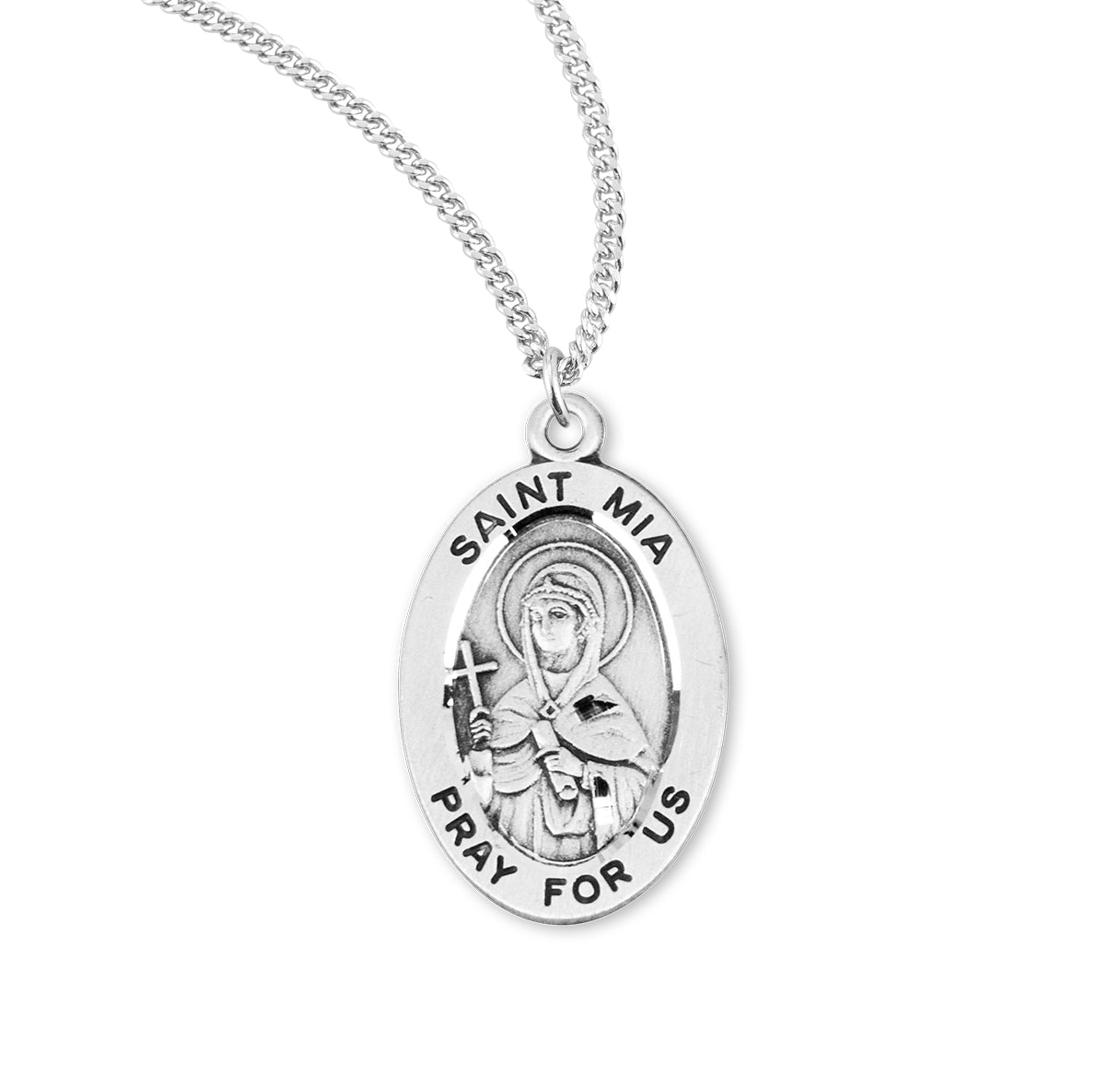 Patron Saint Mia Oval Sterling Silver Medal Pendant with Chain