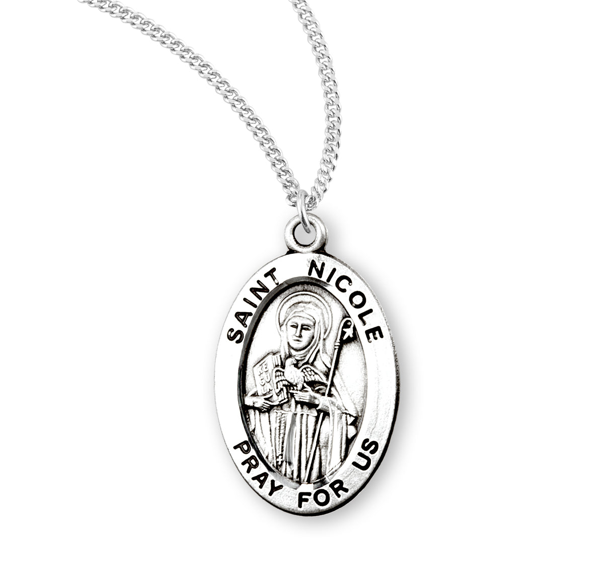 Patron Saint Nicole Oval Sterling Silver Medal Pendant with Chain