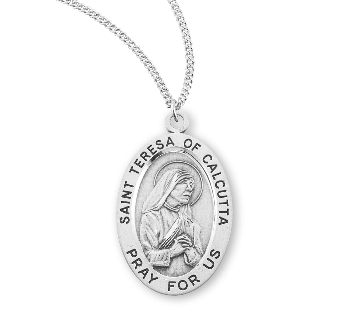 Patron Saint Teresa of Calcutta Oval Sterling Silver Medal Pendant with Chain