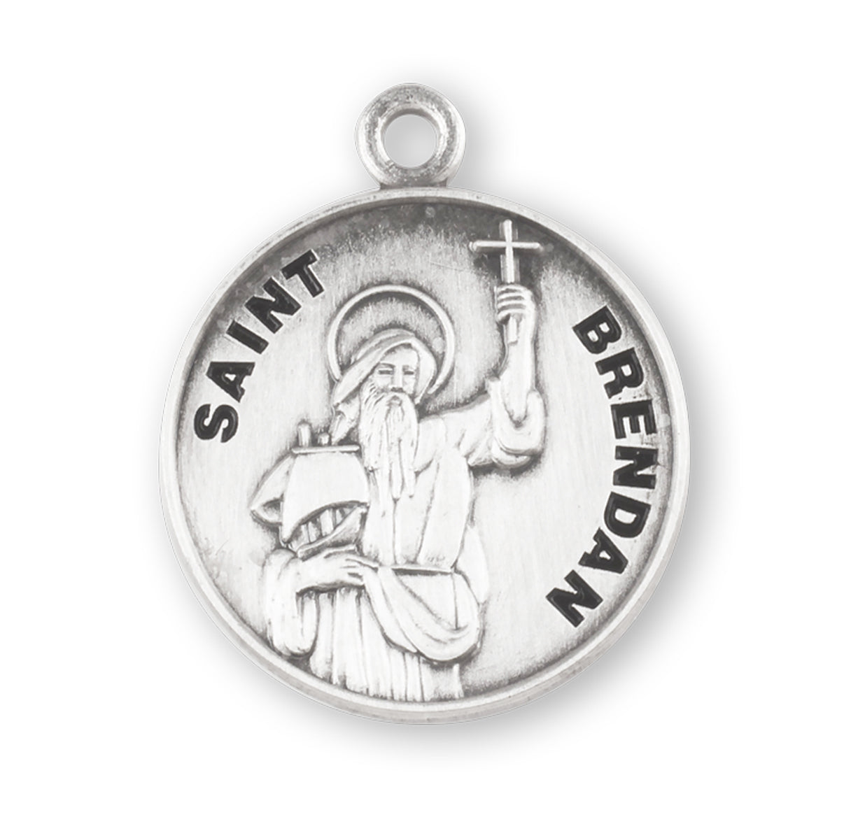 Patron Saint Brendan Round Sterling Silver Medal Pendant with Chain