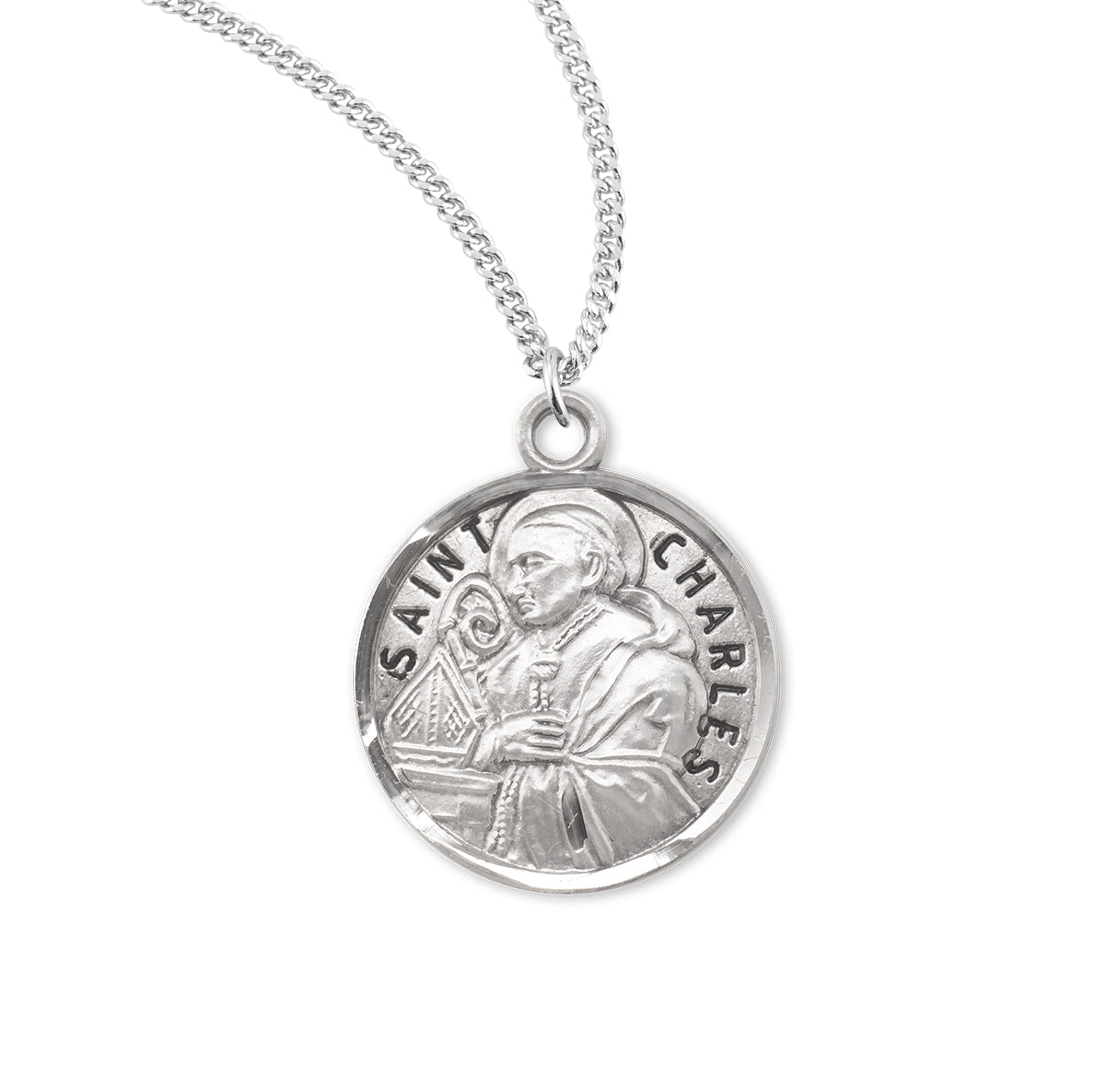 Patron Saint Charles Round Sterling Silver Medal Pendant with Chain