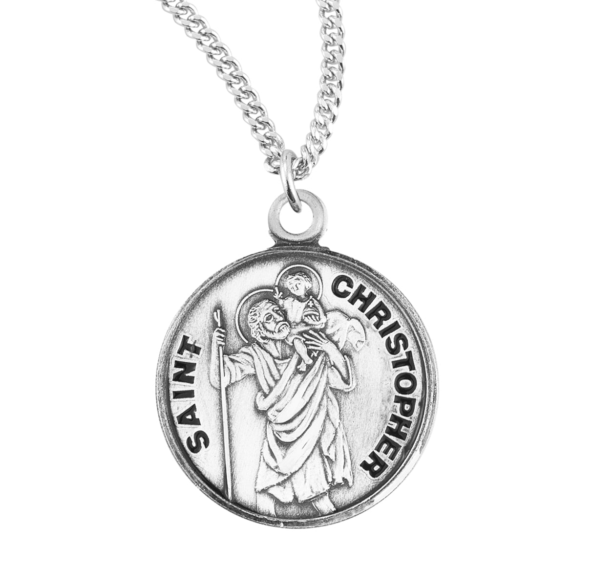 Paint Christopher Round Sterling Silver Medal Pendant with Chain