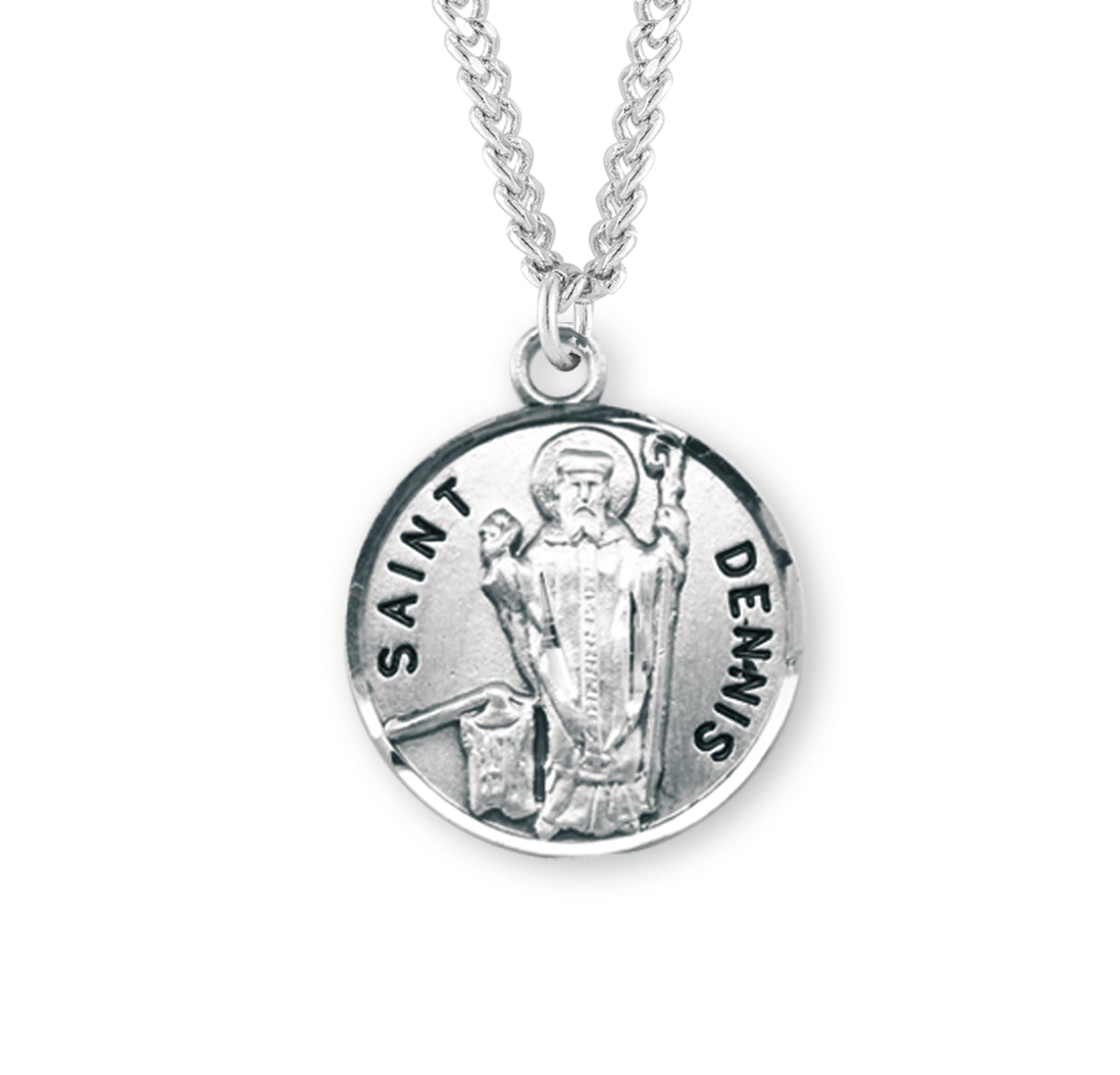 Patron Saint Dennis Round Sterling Silver Medal Pendant with Chain