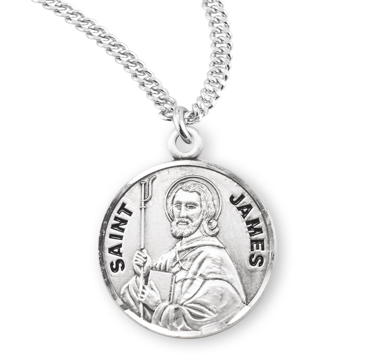 Patron Saint James Round Sterling Silver Medal Pendant with Chain