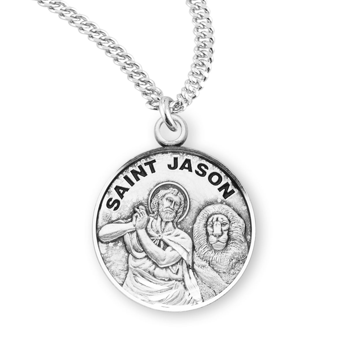 Patron Saint Jason Round Sterling Silver Medal Pendant with Chain
