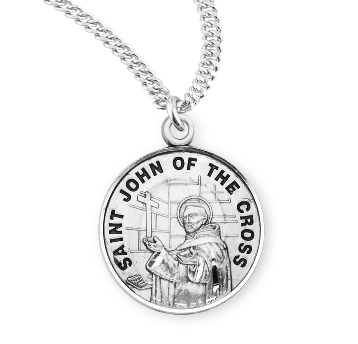 Patron Saint John of the Cross Round Sterling Silver Medal Pendant with Chain