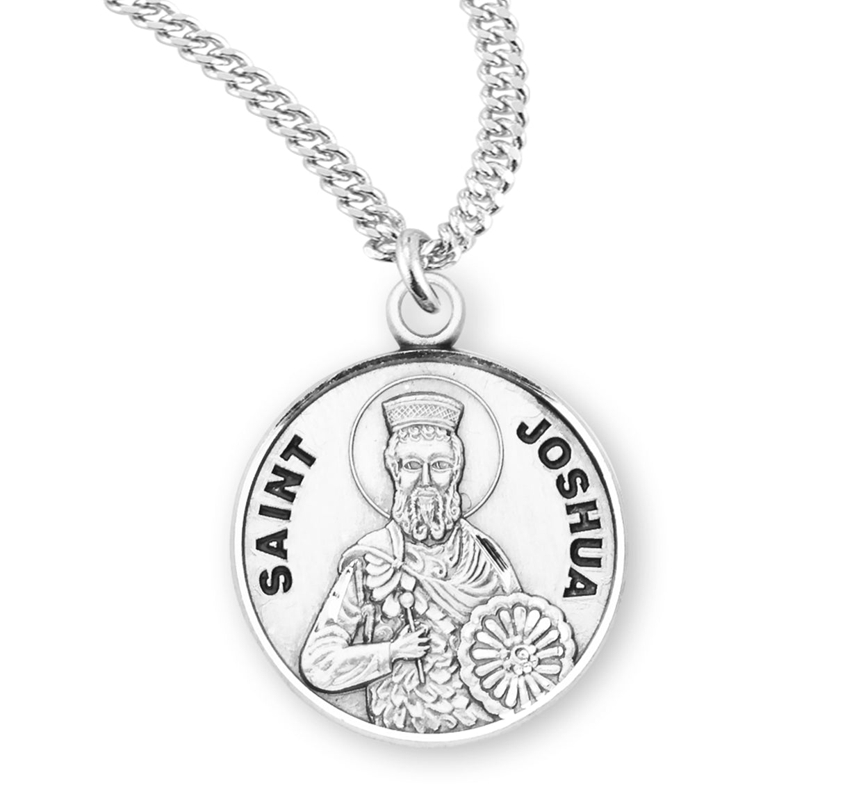 Patron Saint Joshua Round Sterling Silver Medal Pendant with Chain