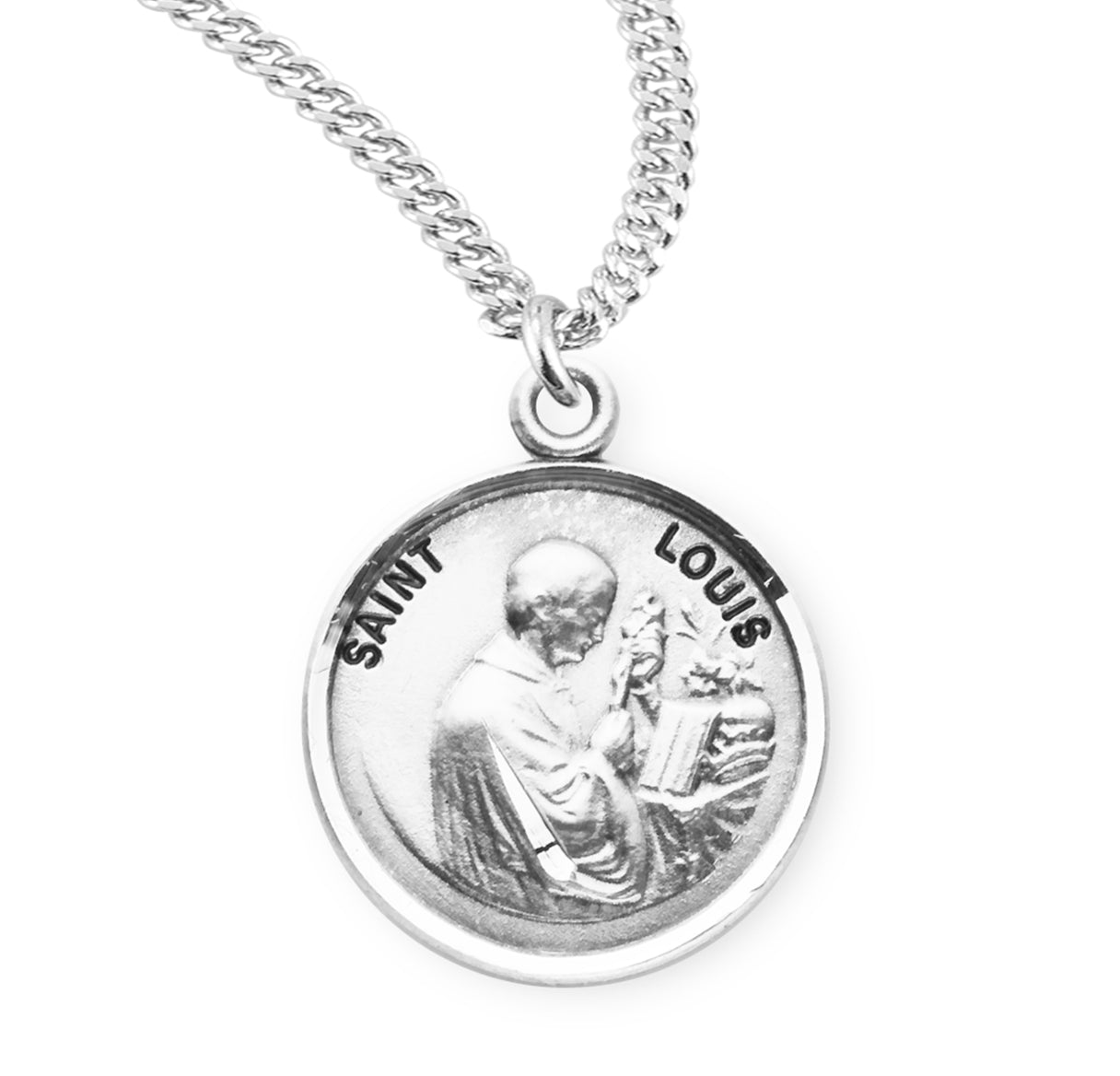 Patron Saint Louis Round Sterling Silver Medal Pendant with Chain
