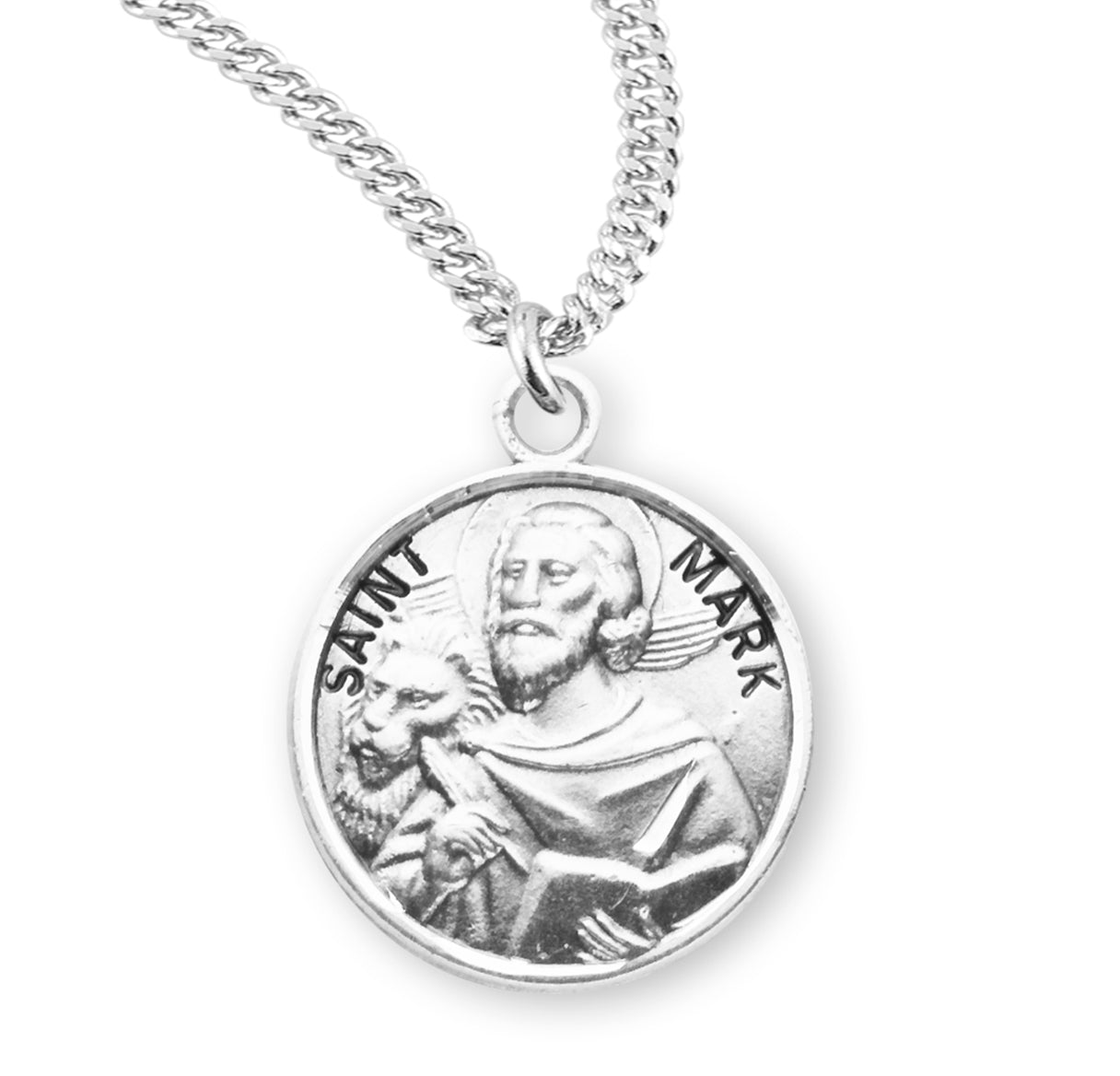 Patron Saint Mark Round Sterling Silver Medal Pendant with Chain