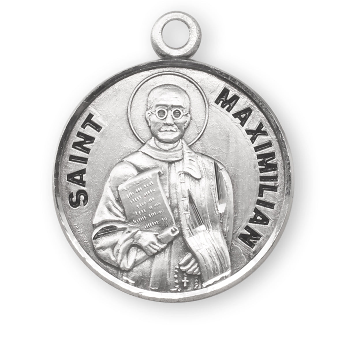 Patron Saint Maximilian Round Sterling Silver Medal Pendant with Chain