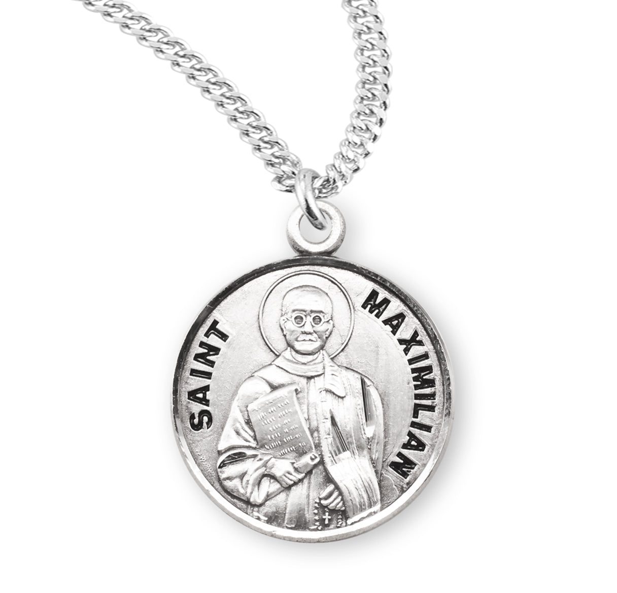 Patron Saint Maximilian Round Sterling Silver Medal Pendant with Chain