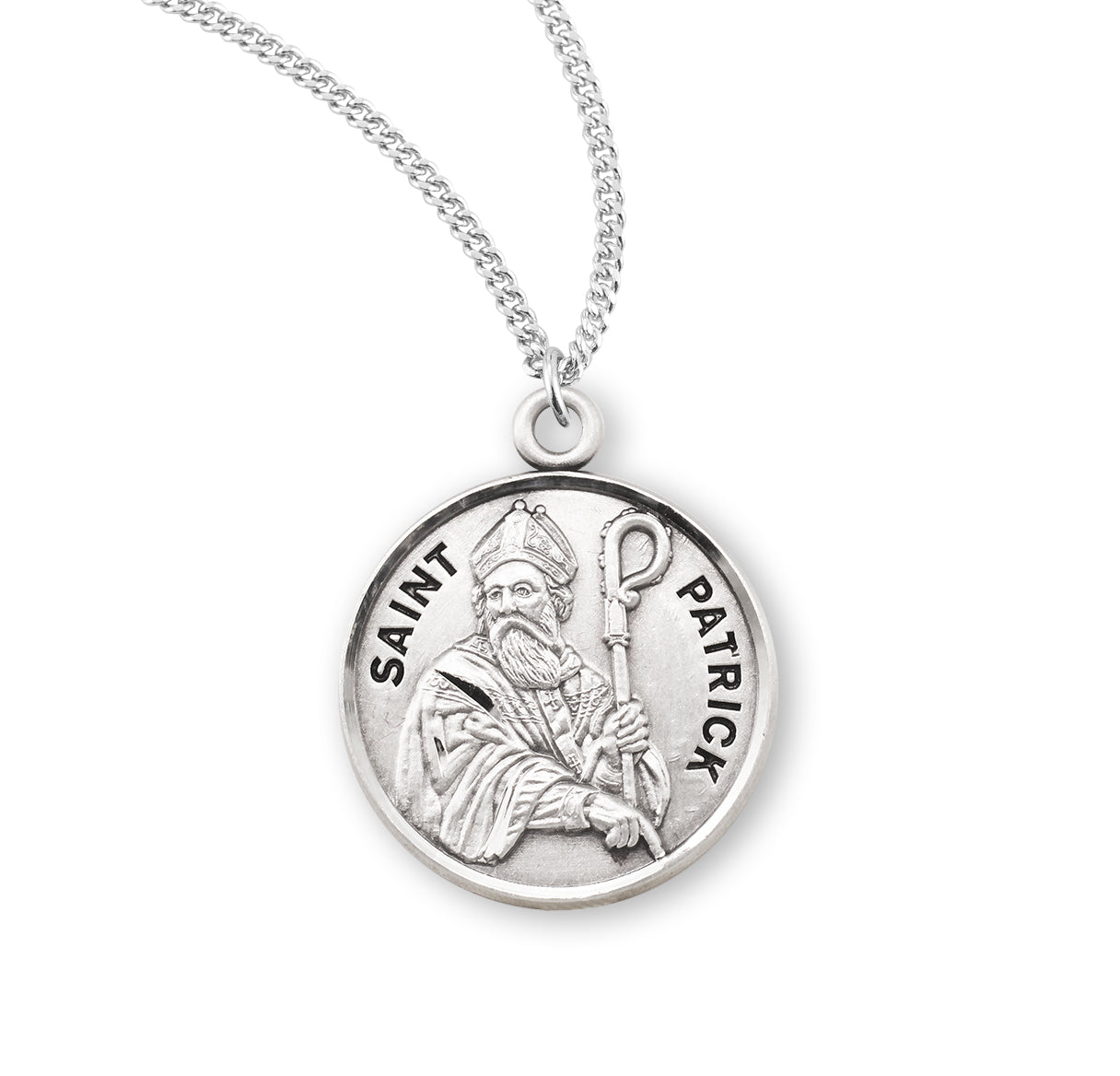 Patron Saint Patrick Round Sterling Silver Medal Pendant with Chain