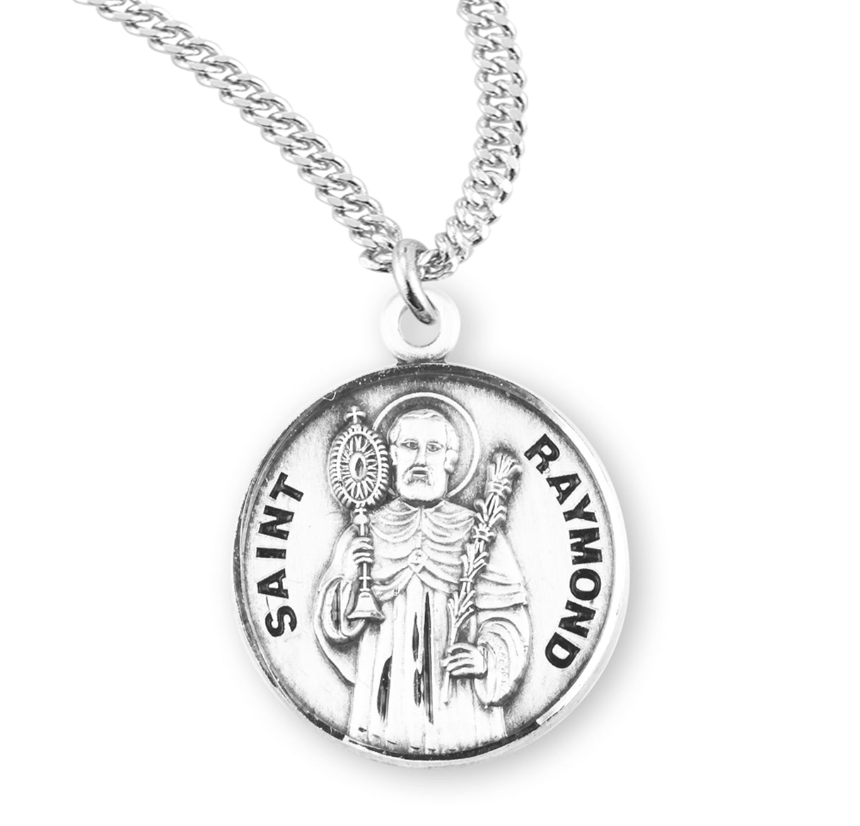 Patron Saint Raymond Round Sterling Silver Medal Pendant with Chain