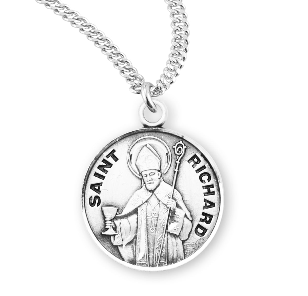 Patron Saint Richard Round Sterling Silver Medal Pendant with Chain