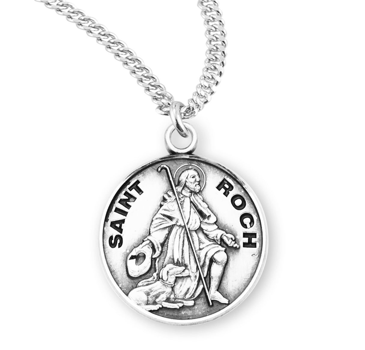 Patron Saint Roch Round Sterling Silver Medal Pendant with Chain