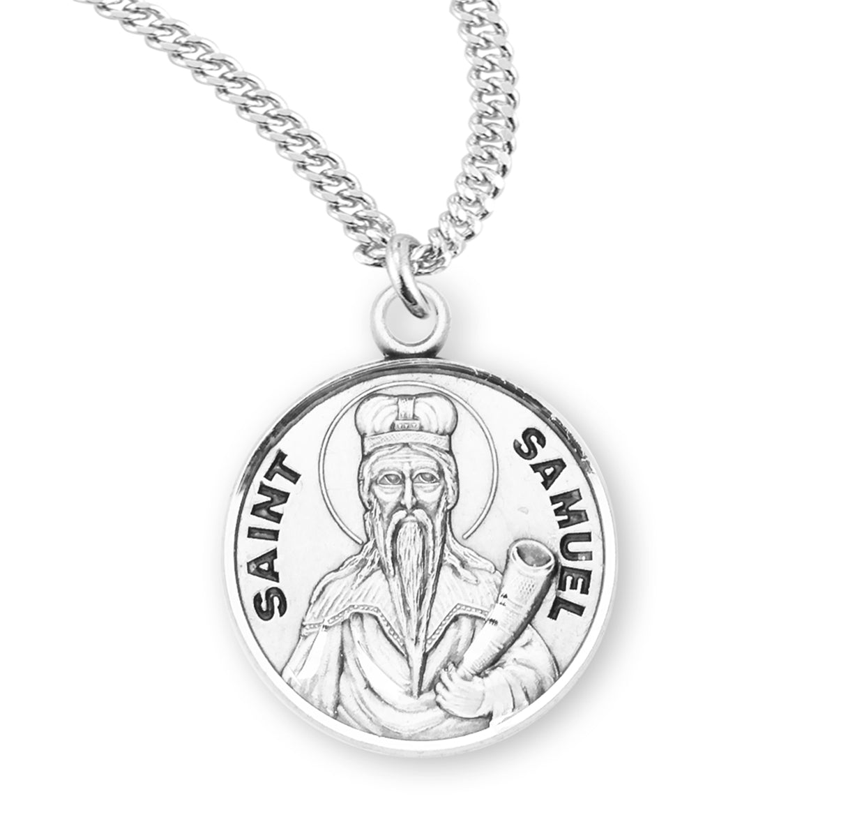 Patron Saint Samuel Round Sterling Silver Medal Pendant with Chain