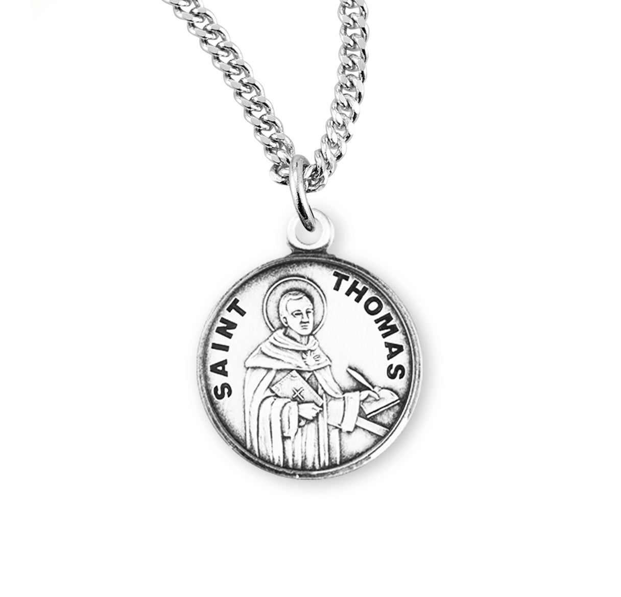 Patron Saint Thomas Aquinas Round Sterling Silver Medal Pendant with Chain