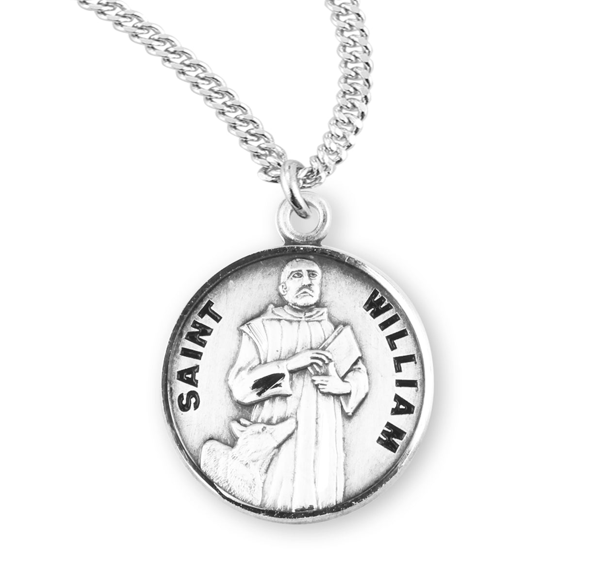 Patron Saint William Round Sterling Silver Medal Pendant with Chain