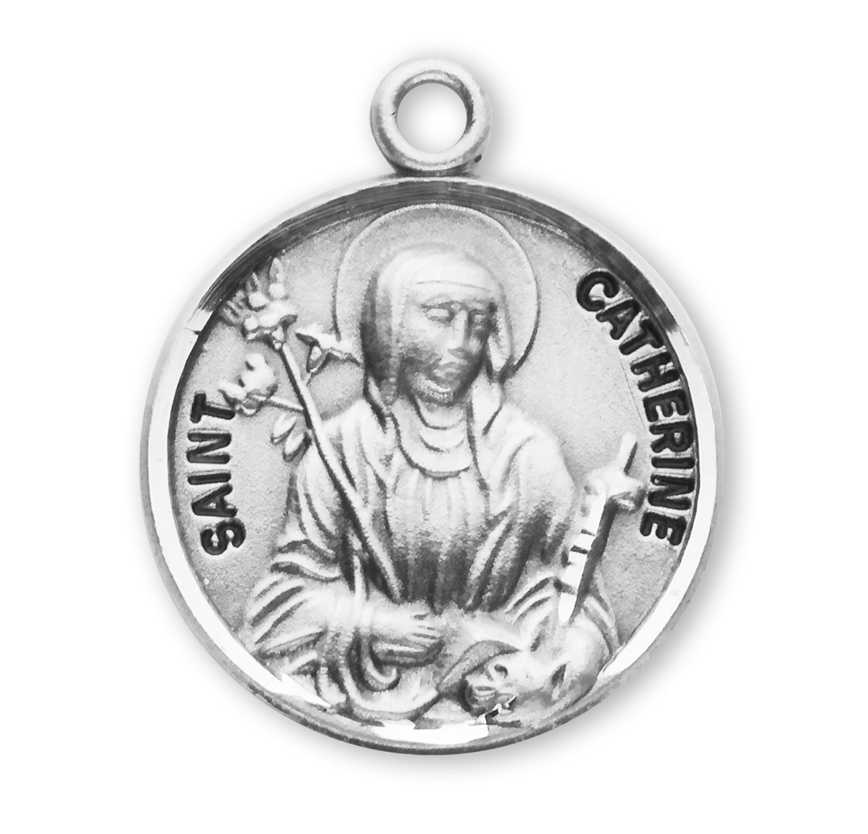 Patron Saint Catherine Round Sterling Silver Medal Pendant with Chain