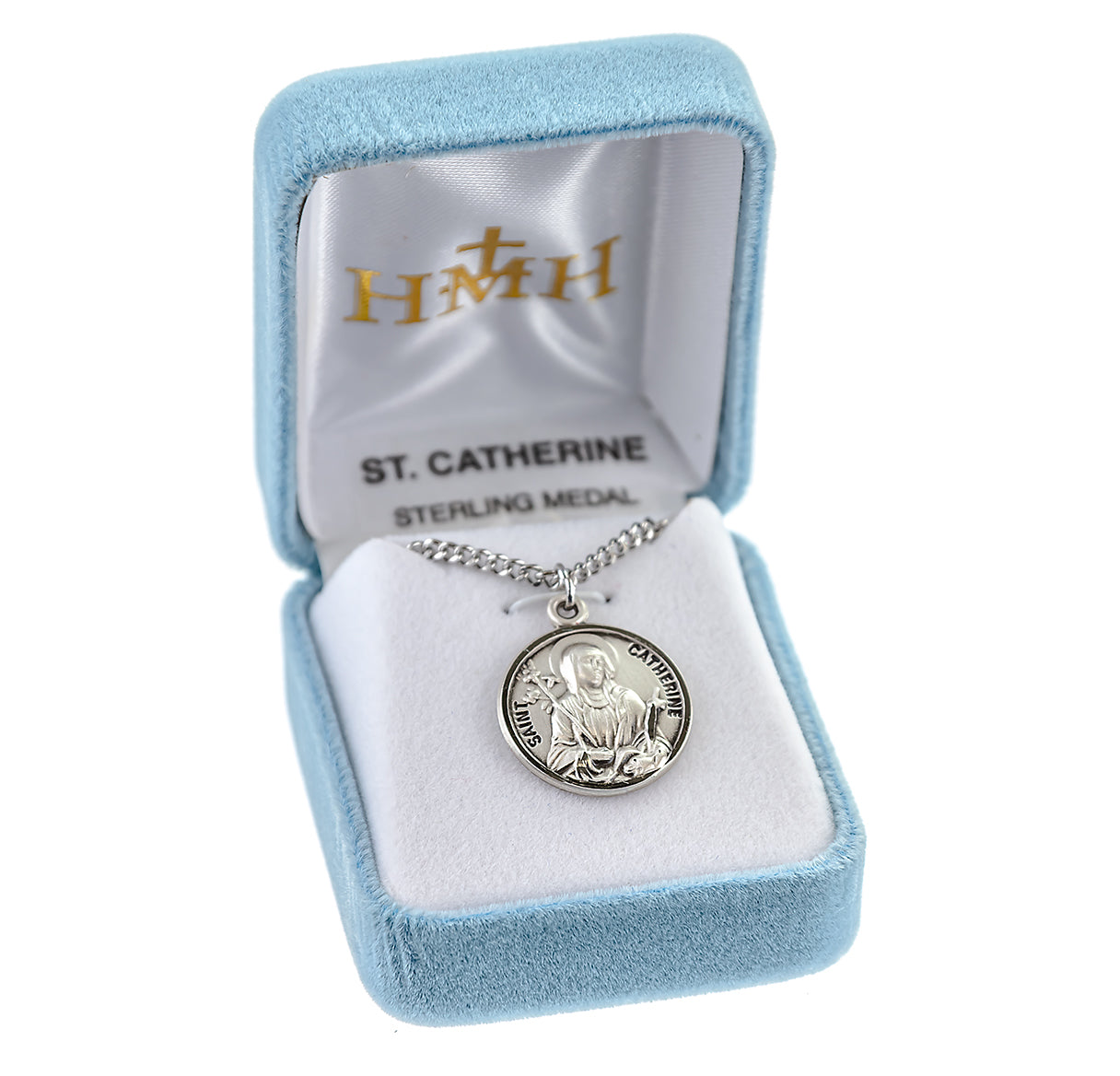 Patron Saint Catherine Round Sterling Silver Medal Pendant with Chain