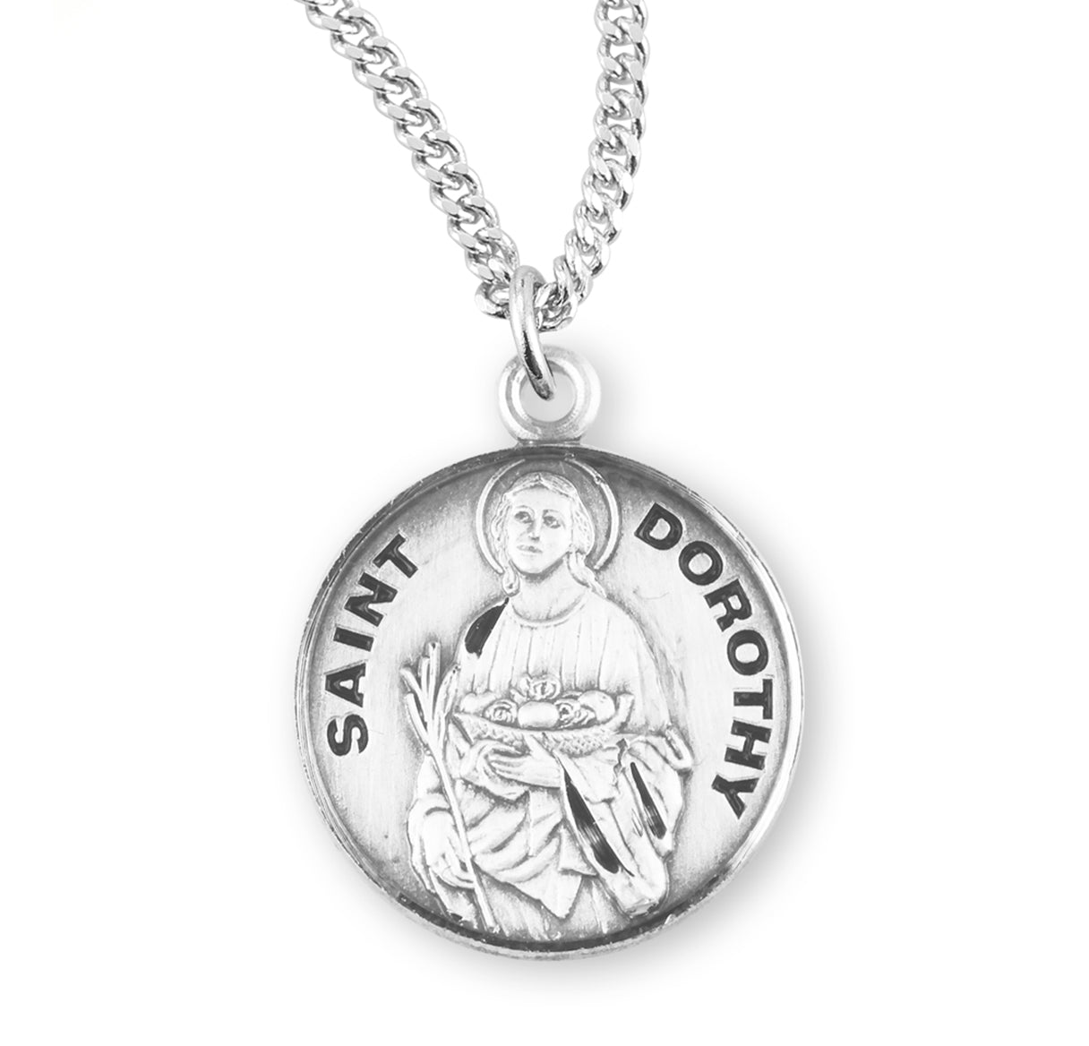 Patron Saint Dorothy Round Sterling Silver Medal Pendant with Chain