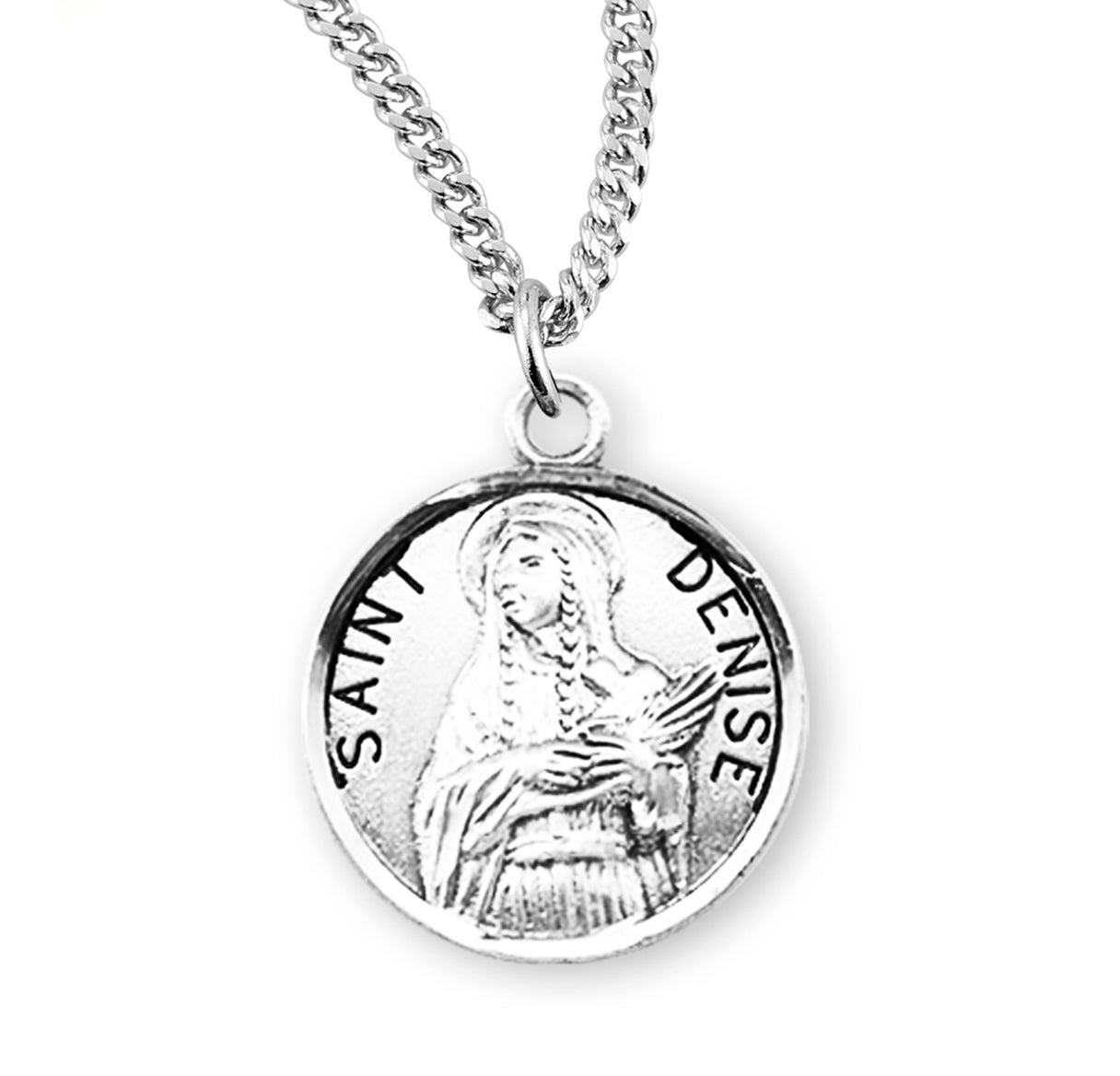 Patron Saint Denise Round Sterling Silver Medal Pendant with Chain